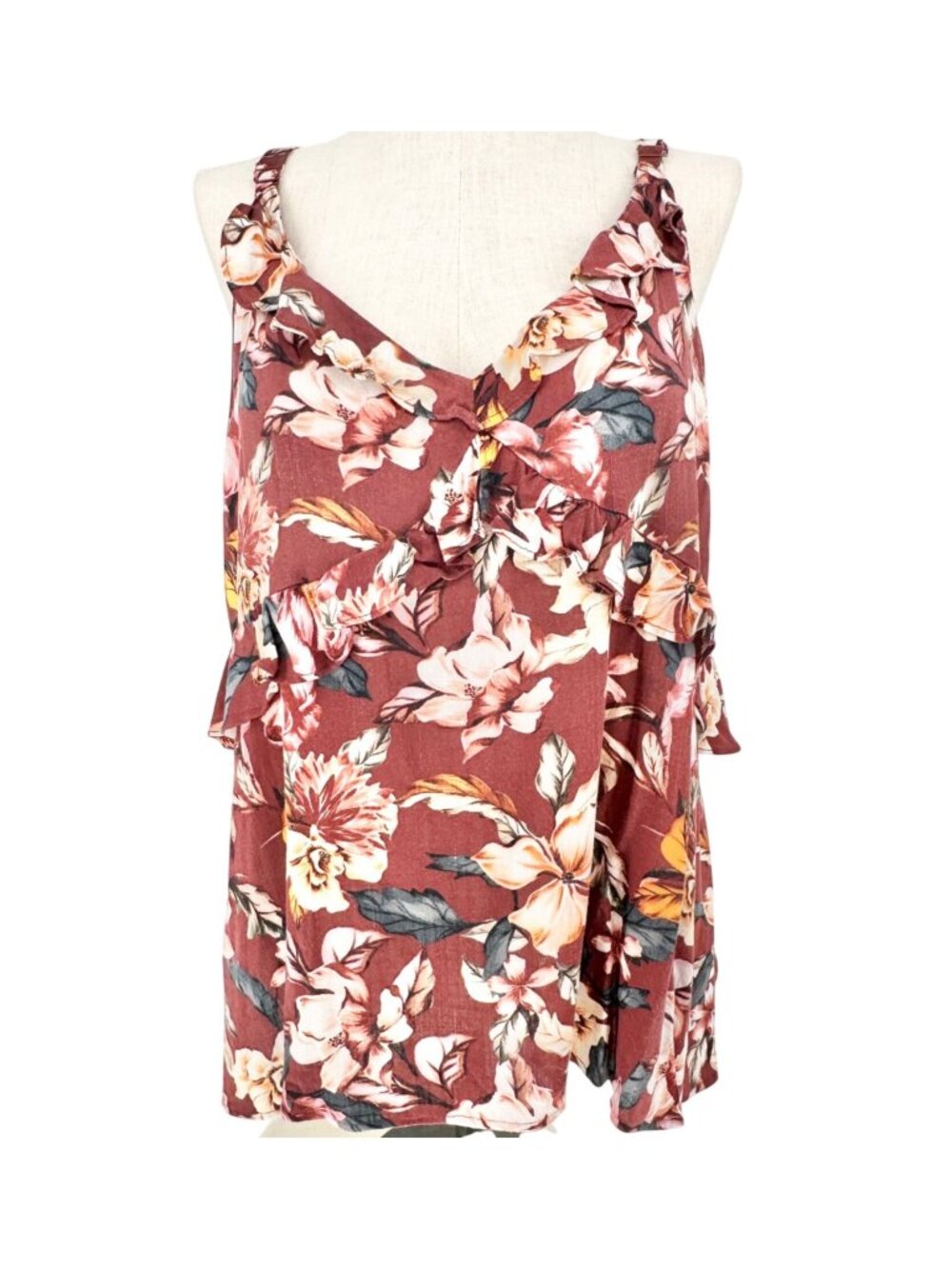 Torrid 3 Slub Ruffle Tank Top Womens Maroon Floral Sleeveless V Neck 22-24